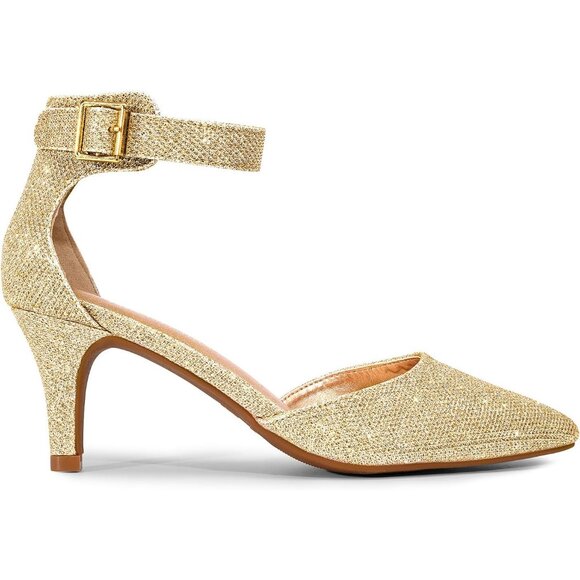 Dream Pairs Women's Gold Glitter Faux Suede pointed Toe Kitten Heels Pumps Shoes - Picture 2 of 7